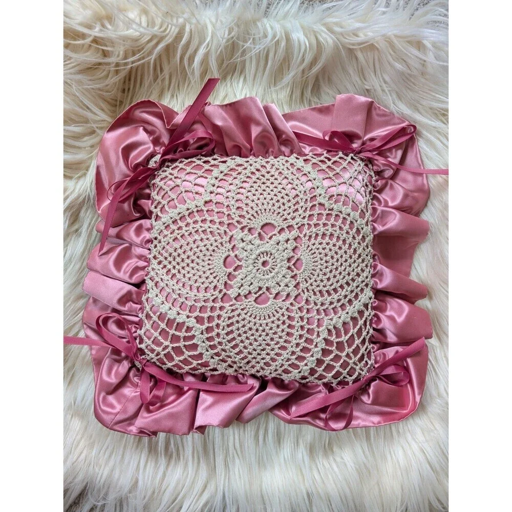 Vintage Crochet Lace Satin Ruffle Bows Throw Pillow Girl's Bedroom Decor Dainty